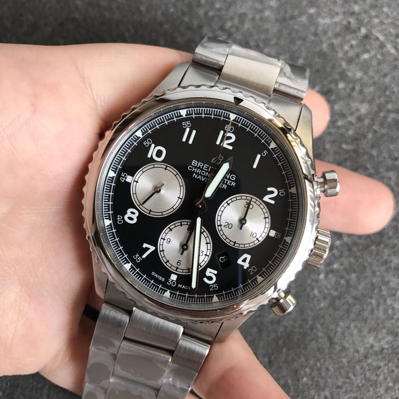Breitlingtop-tiersuper watch pilot 8 series men's steel bracelet black dial watch front view