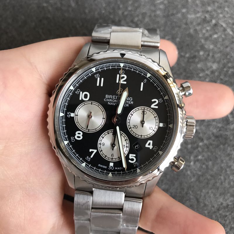 Breitlingtop-tiersuper watch pilot 8 series men's steel bracelet black dial watch front view