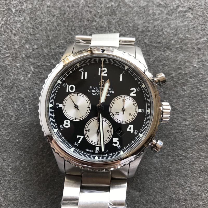 Breitlingtop-tiersuper watch pilot 8 series men's steel bracelet black dial watch front view