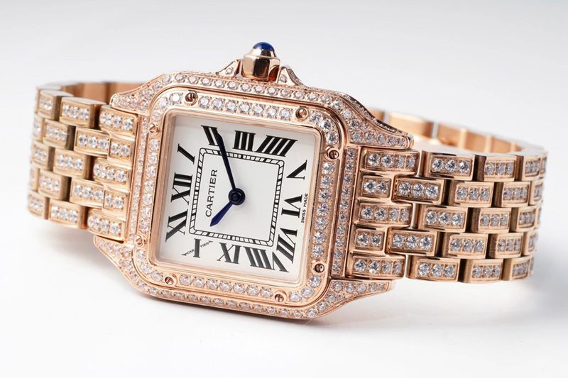 Cartiertop-tiersuper watch cheetah full diamond series ladies steel bracelet mechanical rose gold watch front view