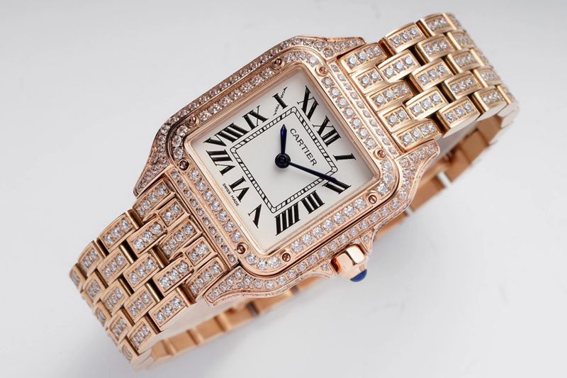 Cartiertop-tiersuper watch cheetah full diamond series ladies steel bracelet mechanical rose gold watch front view
