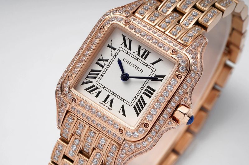 Cartiertop-tiersuper watch cheetah full diamond series ladies steel bracelet mechanical rose gold watch front view