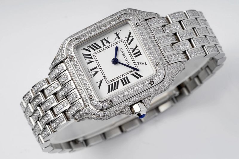 Cartiertop-tier watch cheetah full diamond series ladies steel bracelet mechanical white dial watch front view