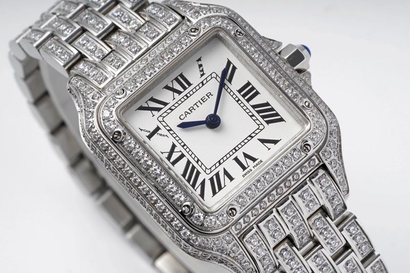 Cartiertop-tier watch cheetah full diamond series ladies steel bracelet mechanical white dial watch front view