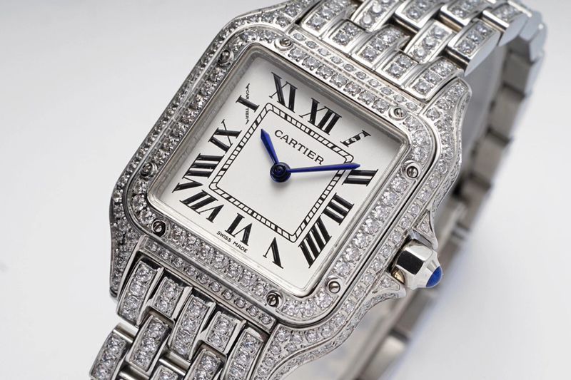 Cartiertop-tier watch cheetah full diamond series ladies steel bracelet mechanical white dial watch front view