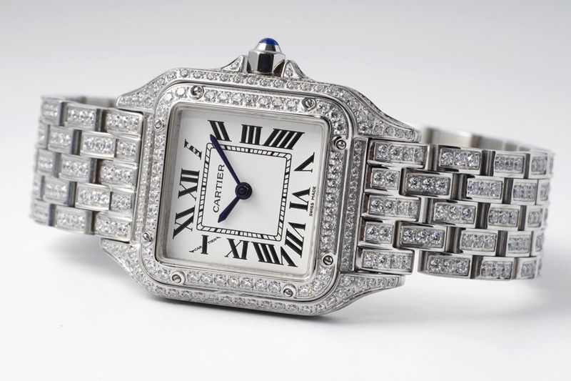 Cartiertop-tier watch cheetah full diamond series ladies steel bracelet mechanical white dial watch front view