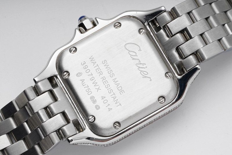 Cartiertop-tier watch cheetah full diamond series ladies steel bracelet mechanical white dial watch back cover picture