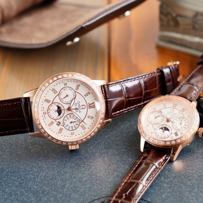 Omega complex function chronograph series perpetual calendar couple watch front view