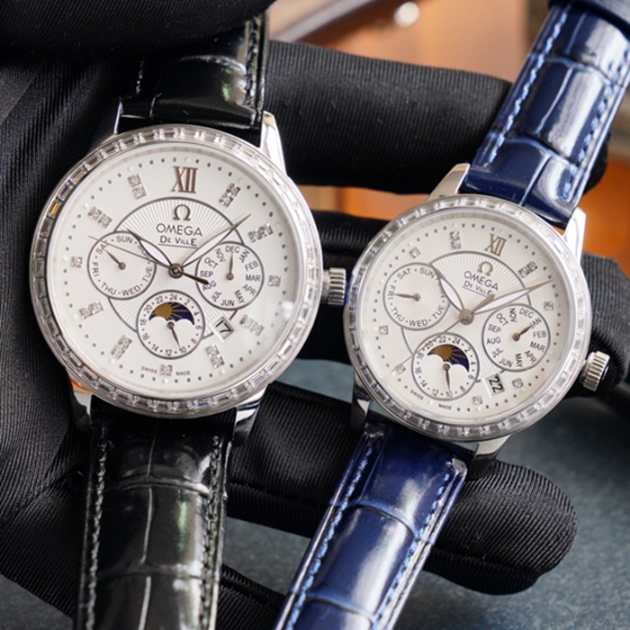 Omega complex function chronograph series perpetual calendar couple watch front view