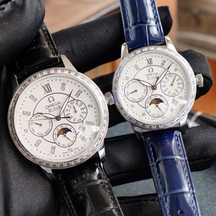 Omega complex function chronograph series perpetual calendar couple watch front view