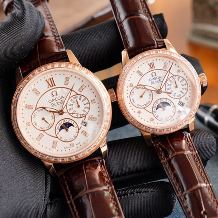 Omega complex function chronograph series perpetual calendar couple watch front view