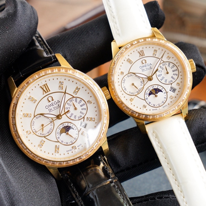 Omega complex function chronograph series perpetual calendar couple watch front view
