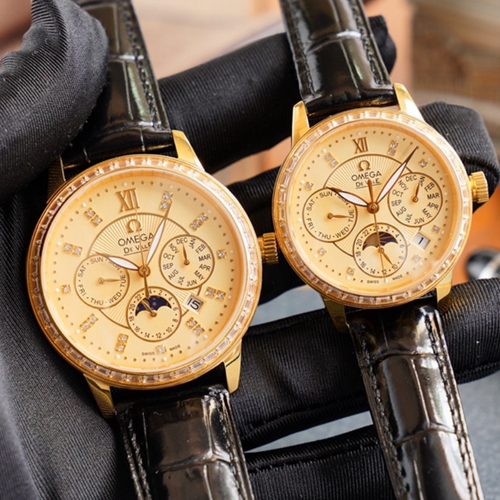 Omega complex function chronograph series perpetual calendar couple watch front view