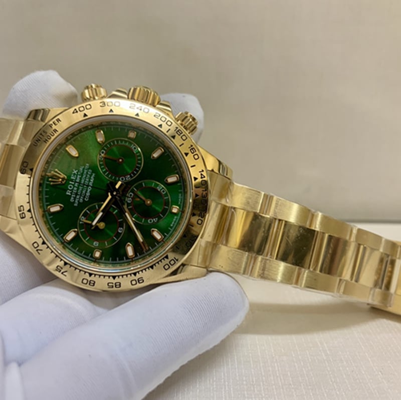 top-tier watch Rolex men's green dial gold band watch front view