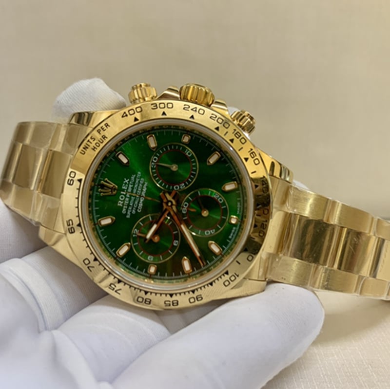 top-tier watch Rolex men's green dial gold band watch front view