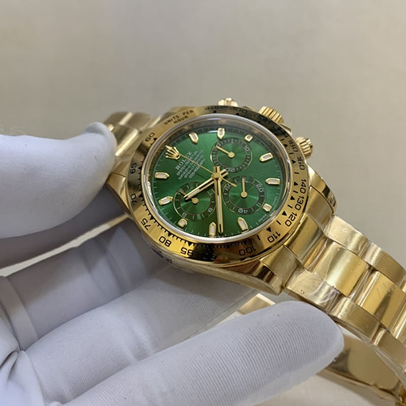 top-tier watch Rolex men's green dial gold band watch front view