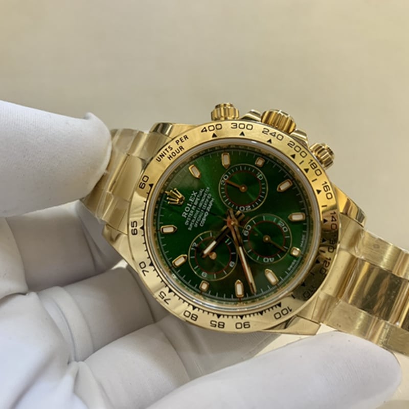 top-tier watch Rolex men's green dial gold band watch front view