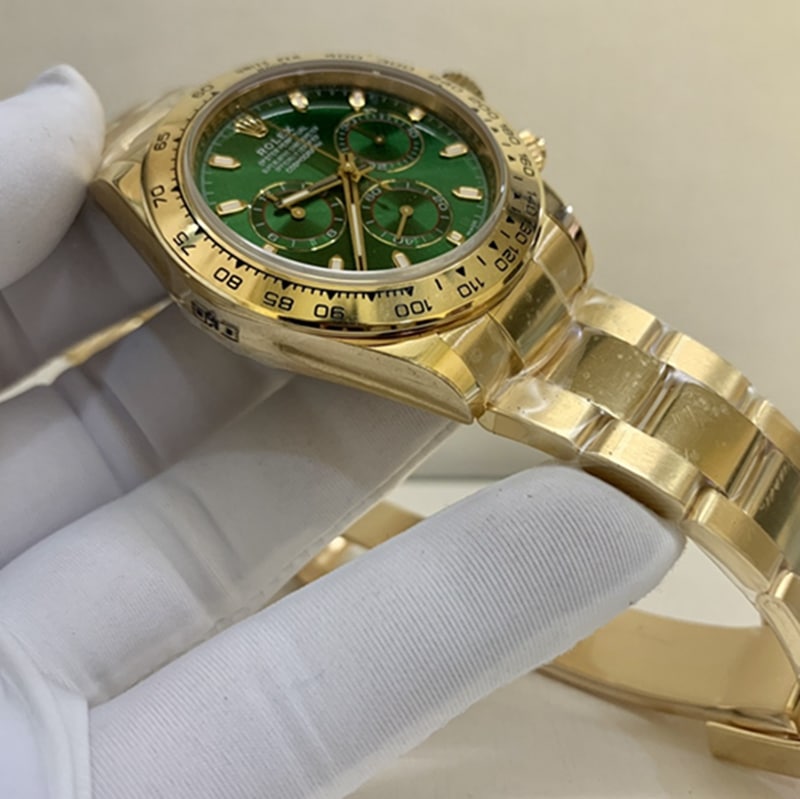 top-tier watch Rolex men's green dial gold watch side view