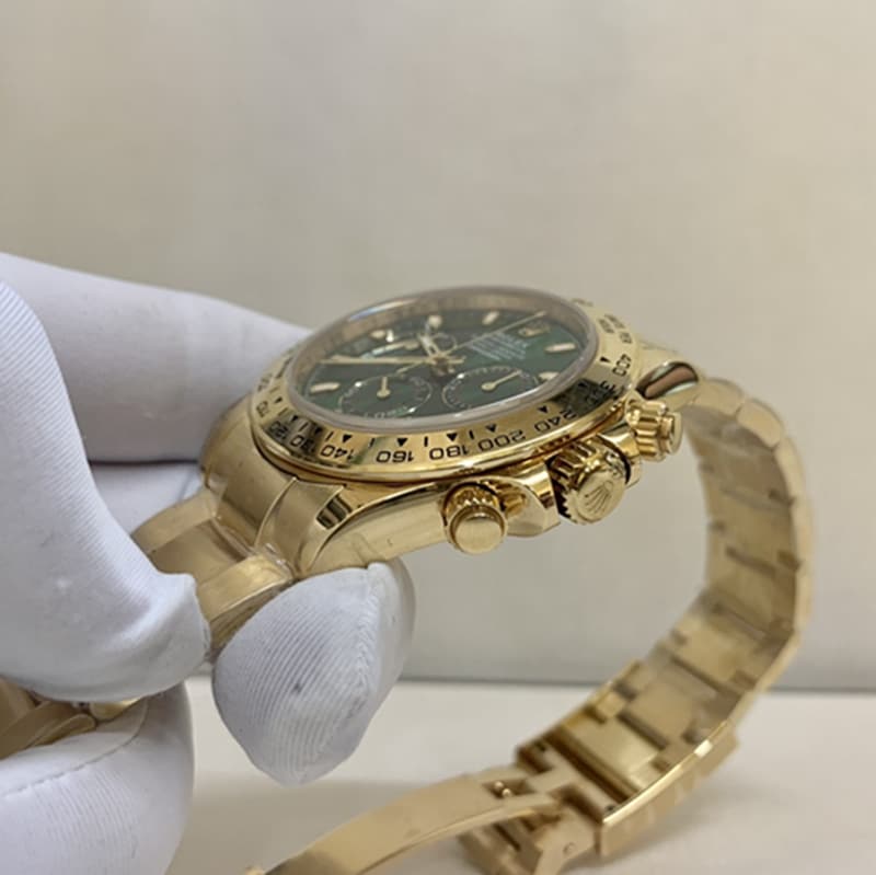 top-tier watch Rolex men's green dial gold watch side view