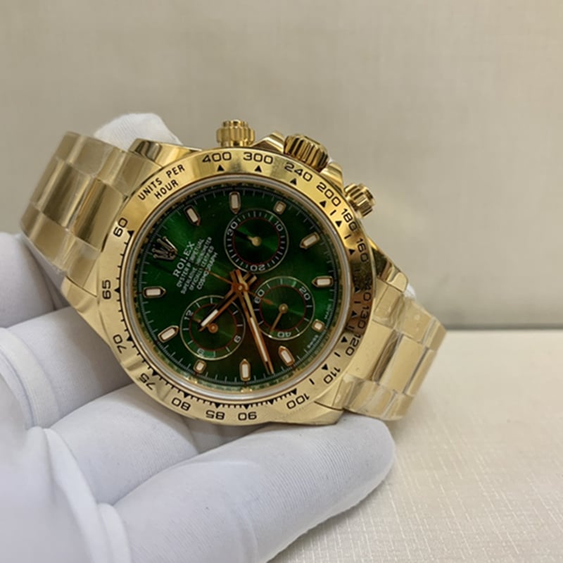 top-tier watch Rolex men's green dial gold band watch front view