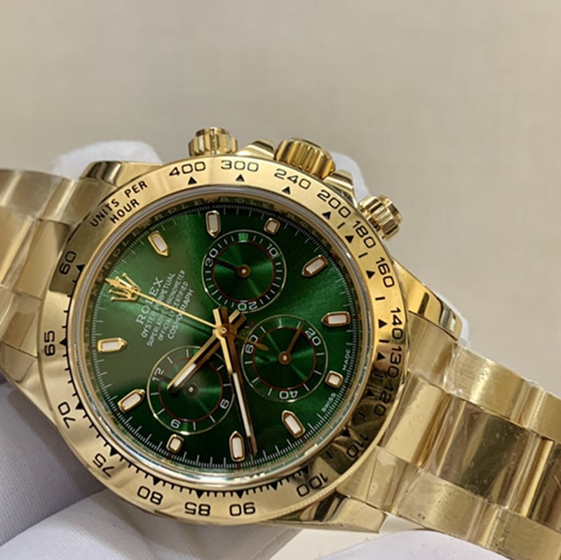 top-tier watch Rolex men's green dial gold band watch front view