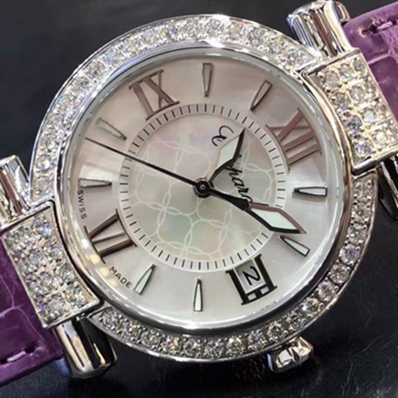 top-tier watch Chopard women's 36MM mechanical real diamond leather strap watch front view