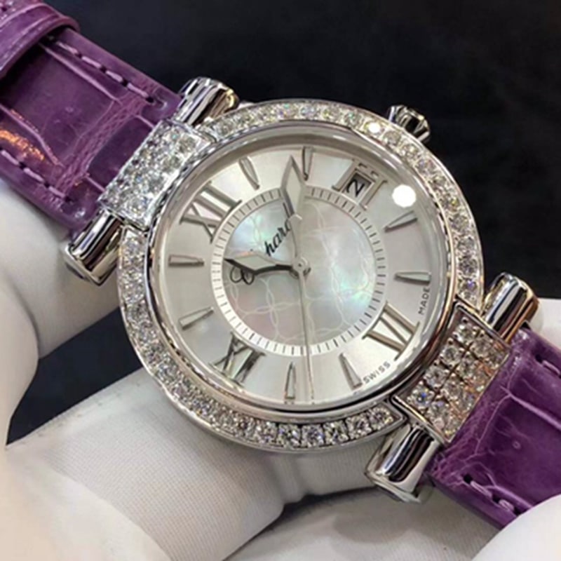 top-tier watch Chopard women's 36MM mechanical real diamond leather strap watch front view