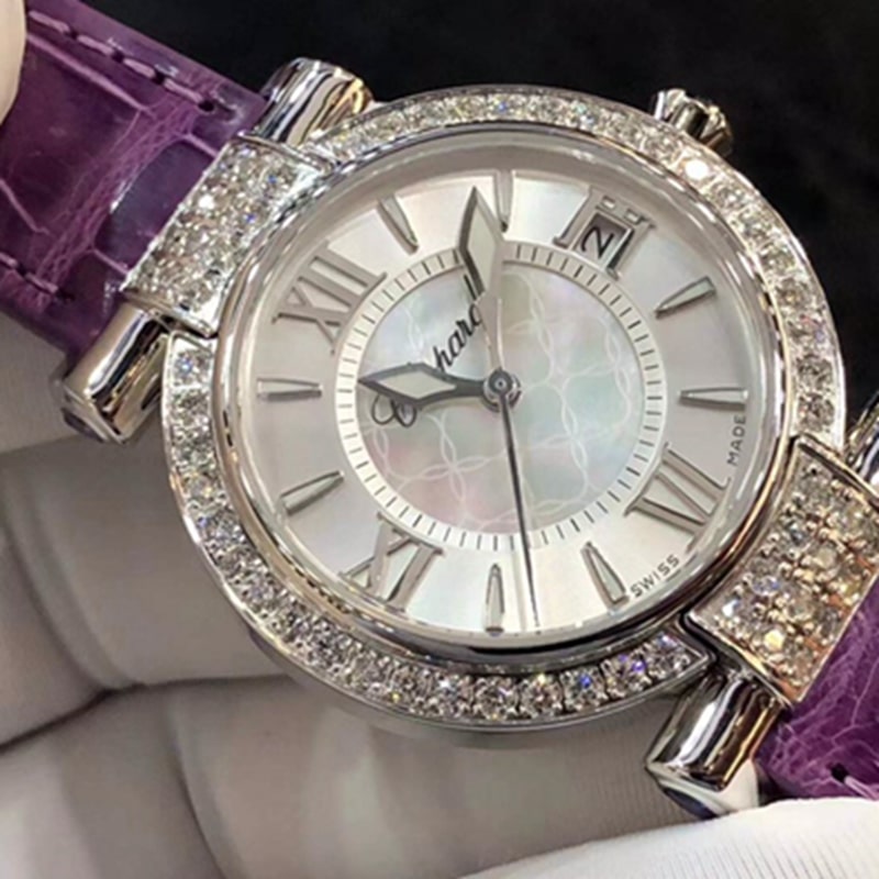 top-tier watch Chopard women's 36MM mechanical real diamond leather strap watch front view