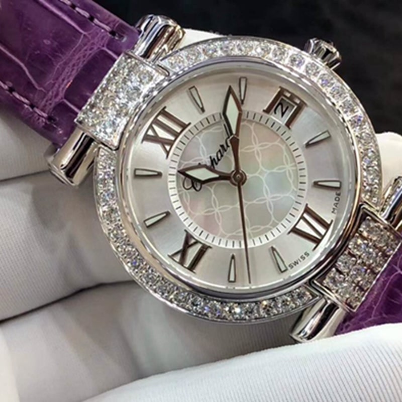 top-tier watch Chopard women's 36MM mechanical real diamond leather strap watch front view