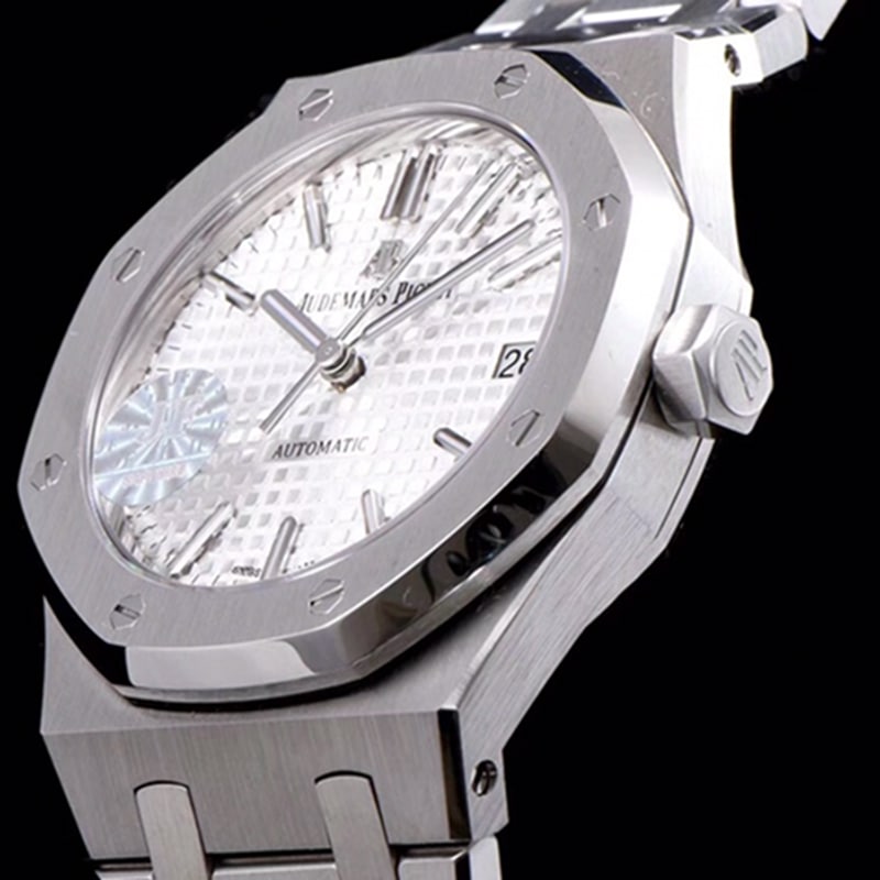 top-tier watch Audemars Piguet men's white dial mechanical steel bracelet watch side view