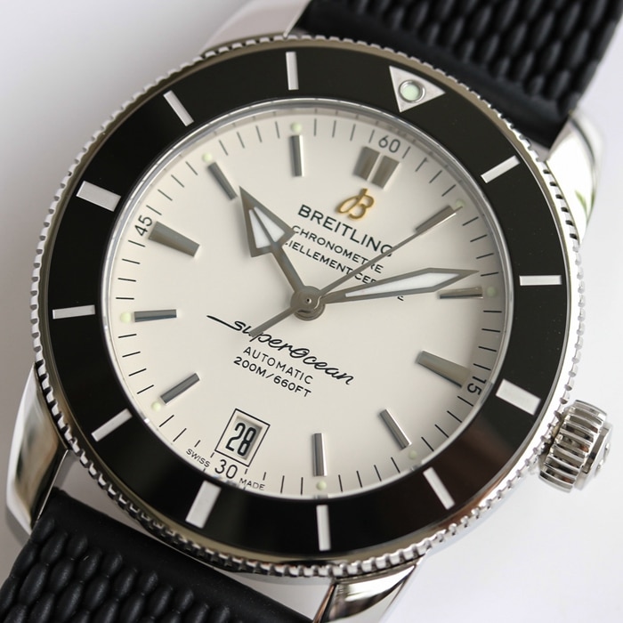 Top Breitling men's white dial Superocean Heritage mechanical watch front view