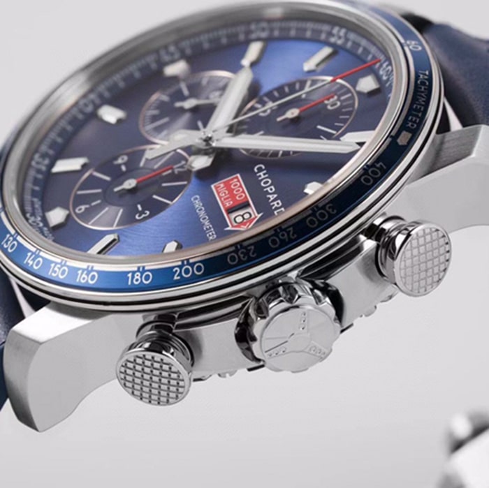 top-tier watch Chopard men's blue dial racing series leather strap watch side view