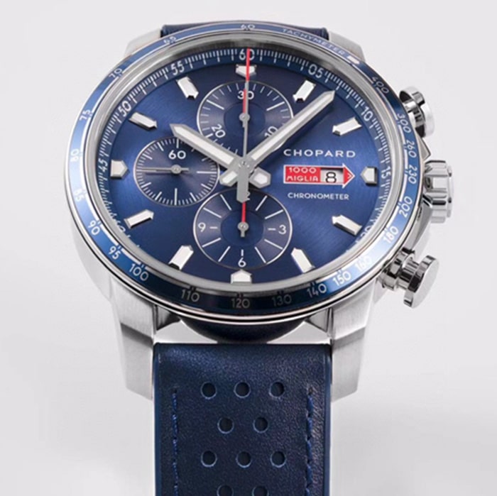 top-tier watch Chopard men's blue dial racing series leather strap watch detail shots