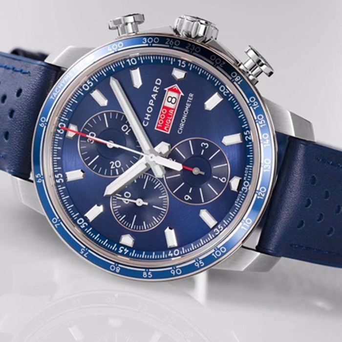 top-tier watch Chopard men's blue dial racing series leather strap watch front view