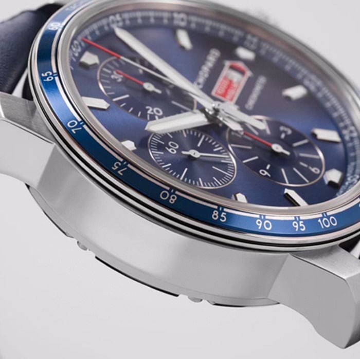 top-tier watch Chopard men's blue dial racing series leather strap watch side view