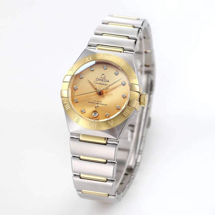 top-tier watch Omega women's gold plate constellation series steel bracelet watch front view