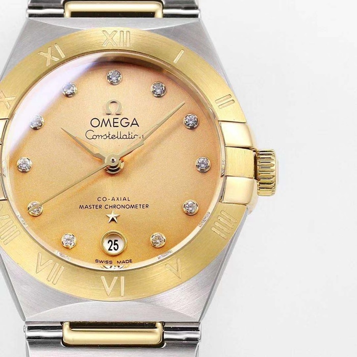 top-tier watch Omega women's gold plate constellation series steel bracelet watch front view