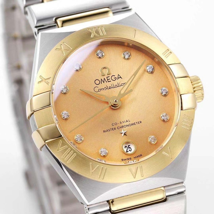 top-tier watch Omega women's gold plate constellation series steel bracelet watch front view