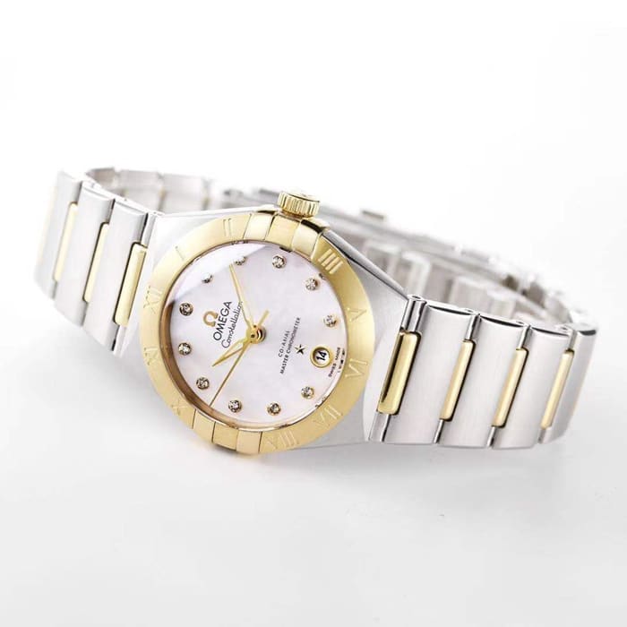 Top collectible watches Omega Women's White Plate Constellation Steel Strap Watch Front View