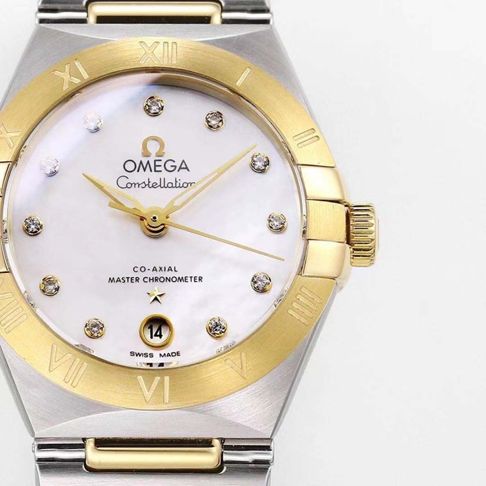 Top collectible watches Omega Women's White Plate Constellation Steel Strap Watch Front View