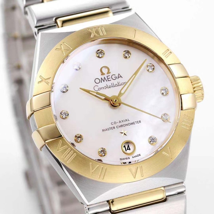 Top collectible watches Omega Women's White Plate Constellation Steel Strap Watch Front View
