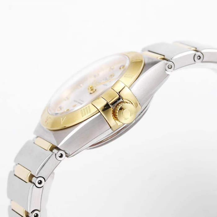 Top collectible watches Omega Women's White Plate Constellation Steel Strap Watch Side View
