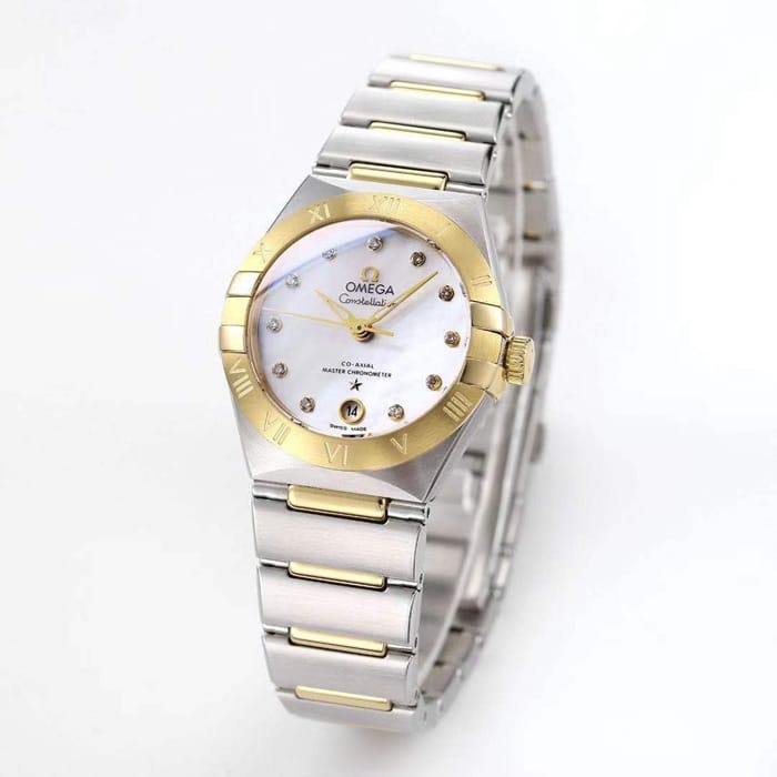 Top collectible watches Omega Women's White Plate Constellation Steel Strap Watch Front View