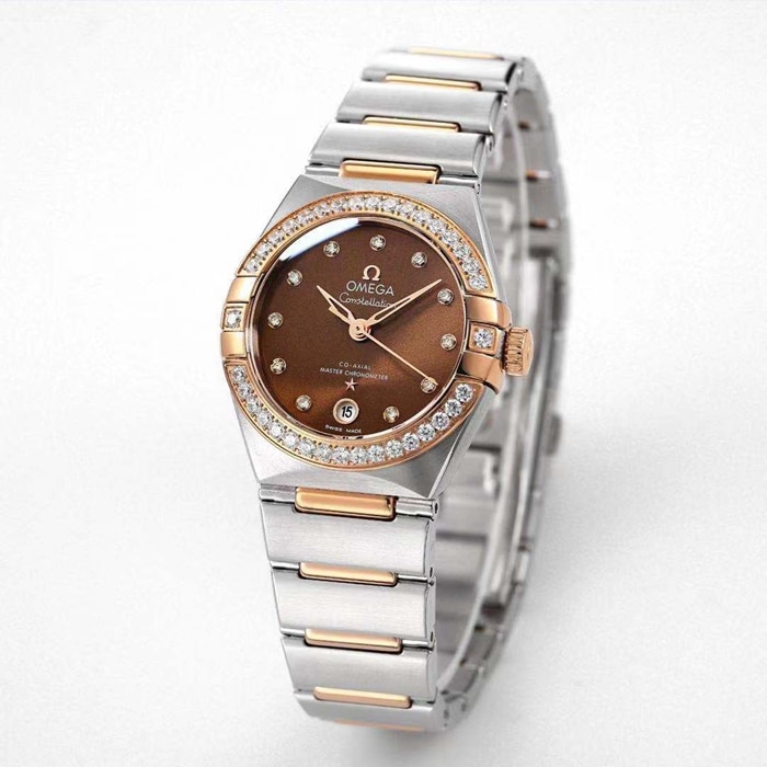 top-tier watch Omega women's brown plate constellation series steel bracelet watch front view