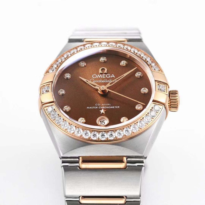 top-tier watch Omega women's brown plate constellation series steel bracelet watch detail shots