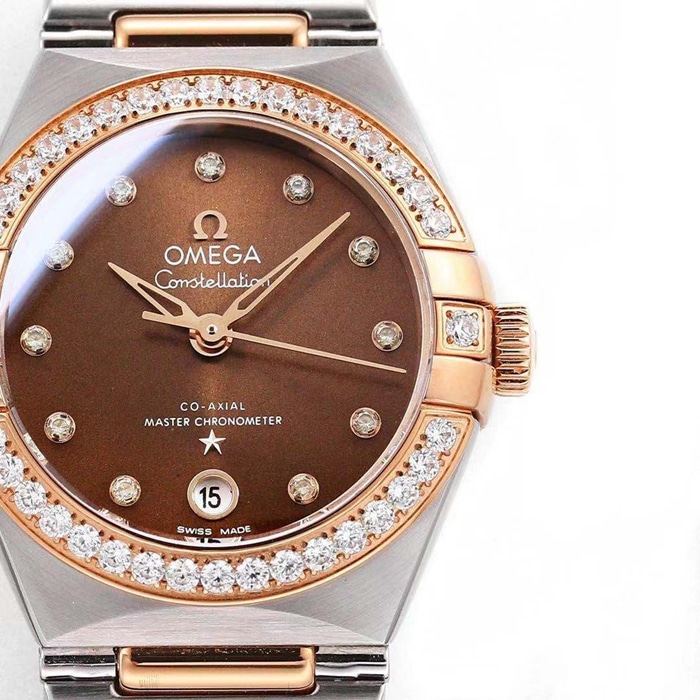 top-tier watch Omega women's brown plate constellation series steel bracelet watch front view