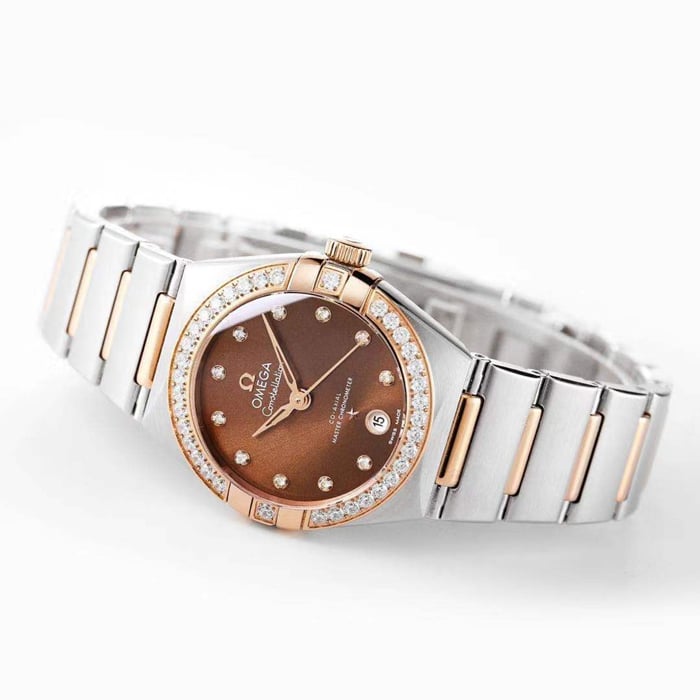 top-tier watch Omega women's brown plate constellation series steel bracelet watch front view
