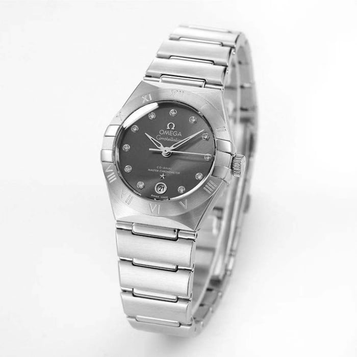 top-tier watch Omega women's black dial constellation series steel bracelet watch front view
