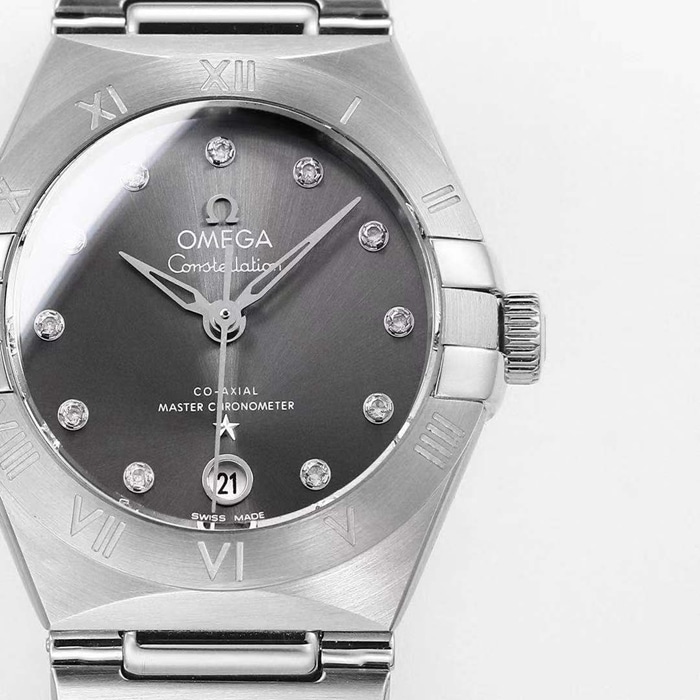 top-tier watch Omega women's black dial constellation series steel bracelet watch front view