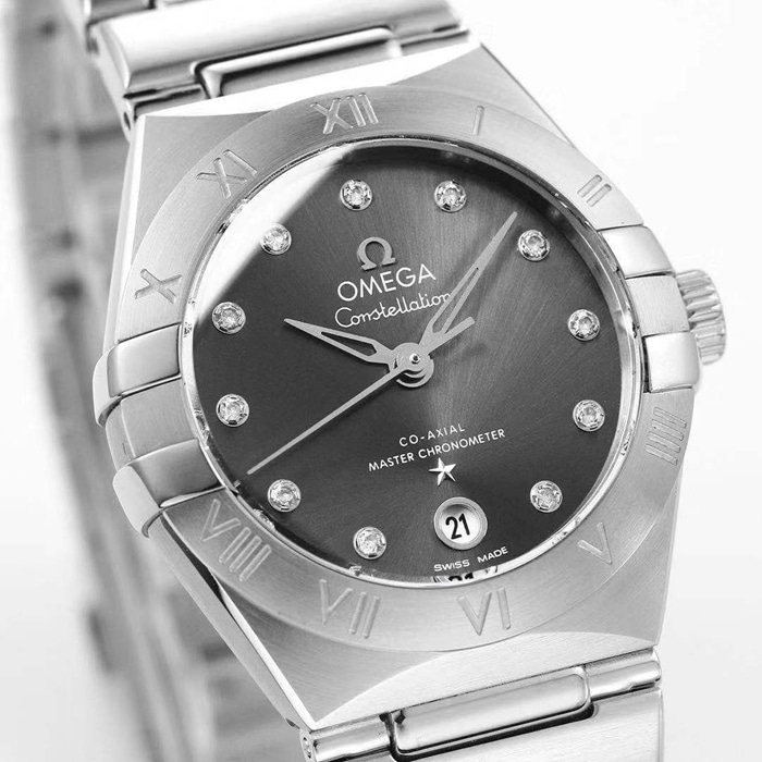 top-tier watch Omega women's black dial constellation series steel bracelet watch front view